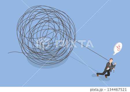 3D Isometric Flat Vector Illustration of Unraveling A Mess, Businessman Untangling Rope 134467521