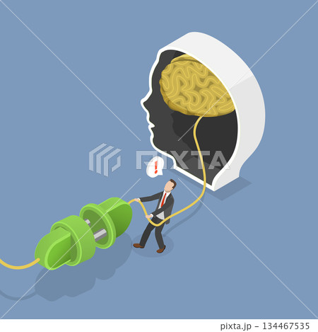 3D Isometric Flat Vector Illustration of Sabotage, Businessman Attempting Break Creativity By Unplugging Brain 134467535
