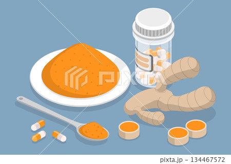 3D Isometric Flat Vector Illustration of Curcumin, Supplements And Turmeric Herb Powder Or Pills 3D Isometric Flat Vector Illustration of Curcumin, Supplements And Turmeric Herb Powder Or Pills 134467572
