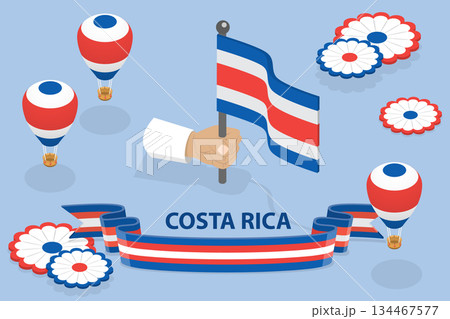 3D Isometric Flat Vector Illustration of Costa Rica Independence Day, Banner With Flag, Confetti and Ribbon 134467577