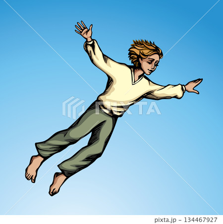 Vector drawing. A boy flying in the sky Vector drawing. A boy flying in the sky 134467927