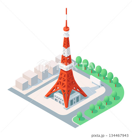 タワーの建築物のある風景|アイソメトリックのイラスト	 134467943