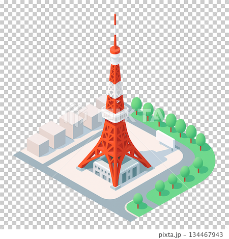 タワーの建築物のある風景|アイソメトリックのイラスト	 134467943