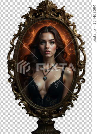 A woman with long brown hair and bright eyes, wearing a black lace top and necklace, is encased in an ornate oval gold frame 134468094