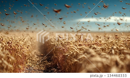 Locusts are flying over wheat field during hot summer day Locusts are flying over wheat field during hot summer day 134468333