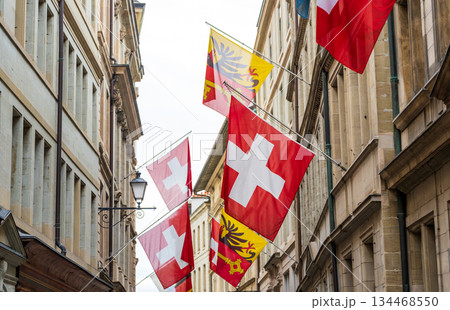 ジュネーブ市庁舎と通りに掲げられたスイス国旗 ジュネーブ、ジュネーブ州、スイス 134468550