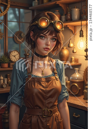 The image shows a steampunk woman in a workshop or similar space 134468577