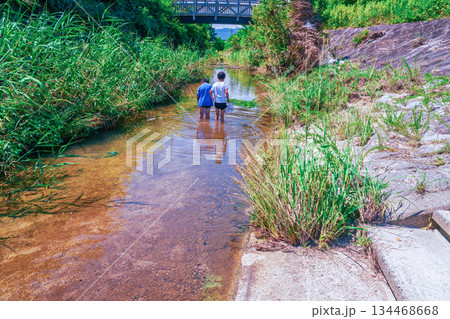 楽しい夏休みに日差しを浴びて川遊びをしている少年 134468668