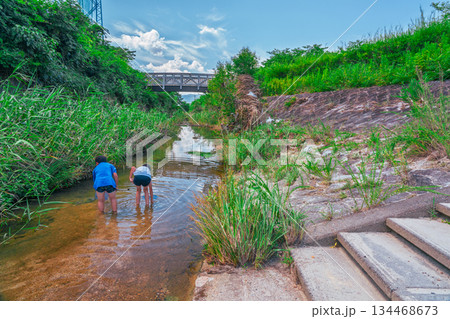 楽しい夏休みに日差しを浴びて川遊びをしている少年 134468673