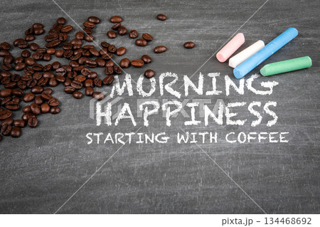 Coffee Beans and Colorful Chalk on Chalkboard Background Coffee Beans and Colorful Chalk on Chalkboard Background 134468692