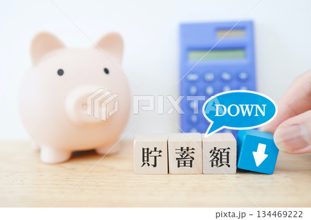 貯蓄額の減少を示す豚の貯金箱と下向き矢印の写真。 貯蓄額の減少を示す豚の貯金箱と下向き矢印の写真。 134469222