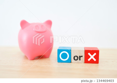 豚の貯金箱とまるばつブロックが並ぶ判断イメージの写真。 134469403