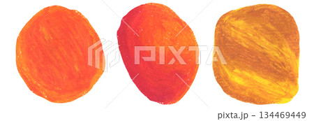 Abstract hand drawing bright orange red and brown crayon oil pastel textured round blobs set. Abstract creative watercolor circle sun shape for sunny banner design, texture frame background Abstract hand drawing bright orange red and brown crayon oil pastel textured round blobs set. Abstract creative watercolor circle sun shape for sunny banner design, texture frame background 134469449