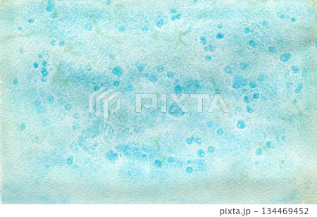 Light blue watercolour textured horizontal cloud stain background. Abstract textured turquoise cyan wash technique watercolor for water splash, nature sky concept, aquarelle brush stroke texture 134469452