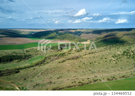Aerial landscape of green farmland in summer season with growing crops. Agricultural cultivated field. Farming and agriculture industry Aerial landscape of green farmland in summer season with growing crops. Agricultural cultivated field. Farming and agriculture industry 134469552