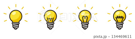 光っているランプのアイコンセット。発見やアイディアを表す電球のデザイン。 134469611