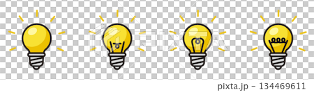 光っているランプのアイコンセット。発見やアイディアを表す電球のデザイン。 134469611