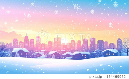 《AI画像》雪降る夕焼けの都市風景 134469932