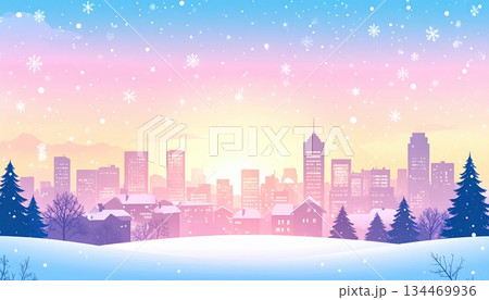 《AI画像》雪降る夕焼けの都市風景 134469936