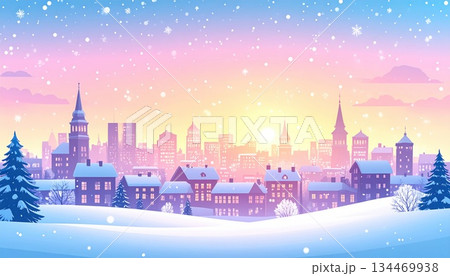 《AI画像》雪降る夕焼けの都市風景 134469938