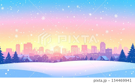 《AI画像》雪降る夕焼けの都市風景 134469941