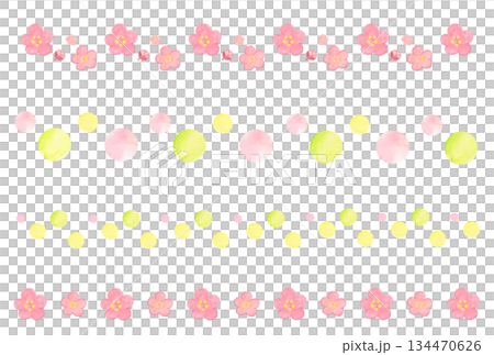 Hand-painted watercolor cute pink plum blossoms and polka dot decorative lines, set of 4. Spring, Japanese style, natural material. 134470626