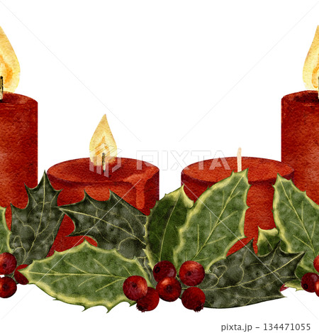 Three Christmas candles, holly leaves, red berries. Watercolor seamless border isolated on white ideal for holiday decor, seasonal packaging, invitations, festive design projects. Winter botanical Three Christmas candles, holly leaves, red berries. Watercolor seamless border isolated on white ideal for holiday decor, seasonal packaging, invitations, festive design projects. Winter botanical 134471055