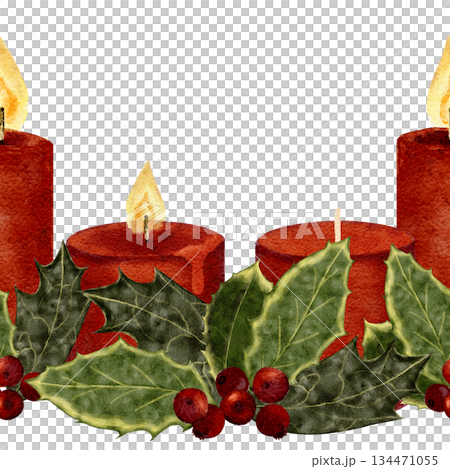 Three Christmas candles, holly leaves, red berries. Watercolor seamless border isolated on white ideal for holiday decor, seasonal packaging, invitations, festive design projects. Winter botanical Three Christmas candles, holly leaves, red berries. Watercolor seamless border isolated on white ideal for holiday decor, seasonal packaging, invitations, festive design projects. Winter botanical 134471055
