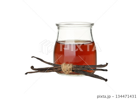 Amber vanilla extract in glass jar, isolated on white, PNG Amber vanilla extract in glass jar, isolated on white, PNG 134471431