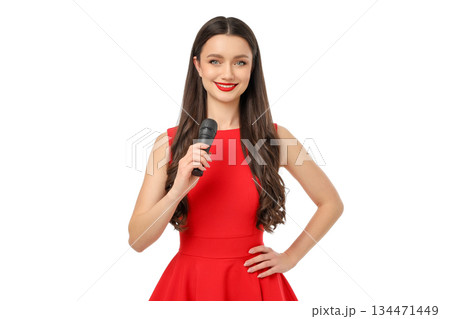 Confident woman in red dress with microphone, isolated, PNG 134471449