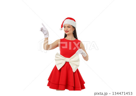 Woman in red dress and hat points with bow, isolated, PNG Woman in red dress and hat points with bow, isolated, PNG 134471453