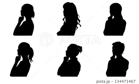 横向きで考える女性のシルエットイラストセット 横向きで考える女性のシルエットイラストセット 134471467