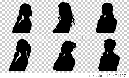 横向きで考える女性のシルエットイラストセット 横向きで考える女性のシルエットイラストセット 134471467