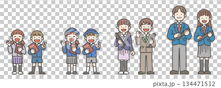 卒業証書を持って笑顔の園児、小学生、中学生、高校生の男の子・女の子の子どもたち 134471512
