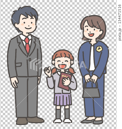 A smiling girl and her family holding their graduation certificates 134471516