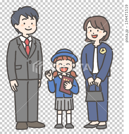 卒園の証書を持って笑顔の、制服を着た女の子の園児と家族 134471519