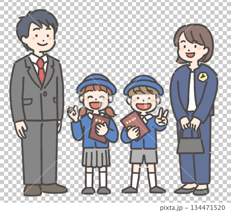 卒園の証書を持って笑顔の、制服を着た男の子と女の子の園児と家族 134471520