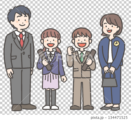 Smiling elementary school boy and girl with their families holding their diplomas 134471525