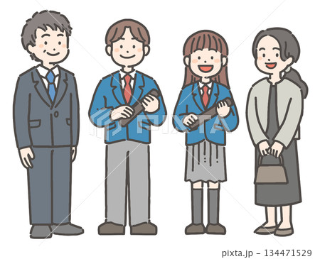 卒業証書を持って笑顔の、男の子と女の子の中学生・高校生と家族 134471529