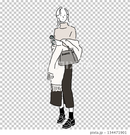 スマホを見る女性 オフィスカジュアルコーデ カラーイラスト スマホを見る女性 オフィスカジュアルコーデ カラーイラスト 134471901