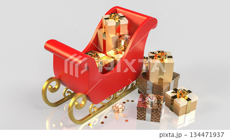 Red Christmas Sleigh Overflowing with Golden Gifts 3d render. 134471937