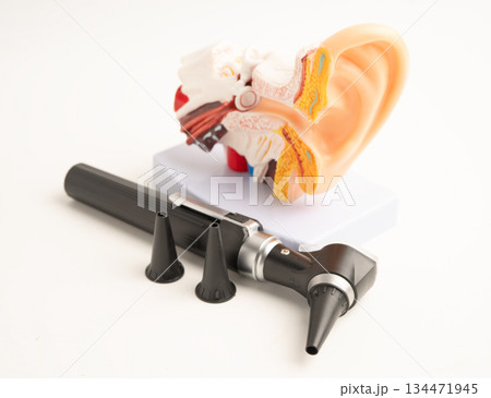 Otoscope with model for audiologist or ENT doctor use otoscope checking ear and treat hearing loss problem. Otoscope with model for audiologist or ENT doctor use otoscope checking ear and treat hearing loss problem. 134471945