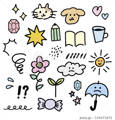 手描き風 かわいいワンポイントモチーフ イラストセット（パステルカラー・黒フチあり） 134471972