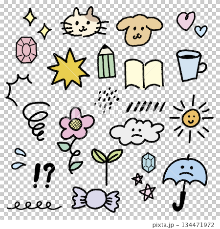 手描き風 かわいいワンポイントモチーフ イラストセット（パステルカラー・黒フチあり） 134471972