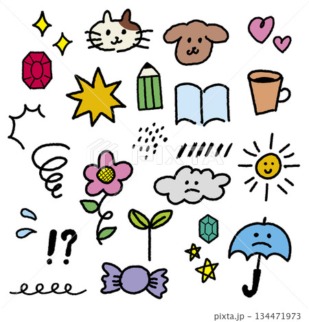 手描き風 かわいいワンポイントモチーフ イラストセット（原色・黒フチあり） 134471973