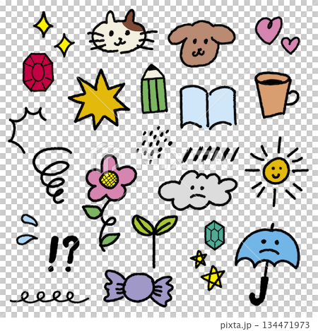 手描き風 かわいいワンポイントモチーフ イラストセット（原色・黒フチあり） 134471973