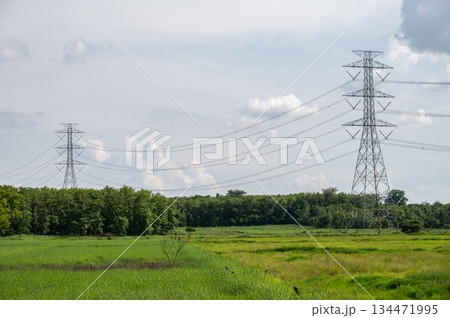 View of transmission tower in rural area of Thailand.  134471995