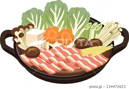 japanese nabemono hot pot with fresh ingredients pork tofu mushrooms and vegetables in a clay pot 134472023