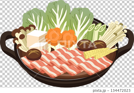 japanese nabemono hot pot with fresh ingredients pork tofu mushrooms and vegetables in a clay pot 134472023