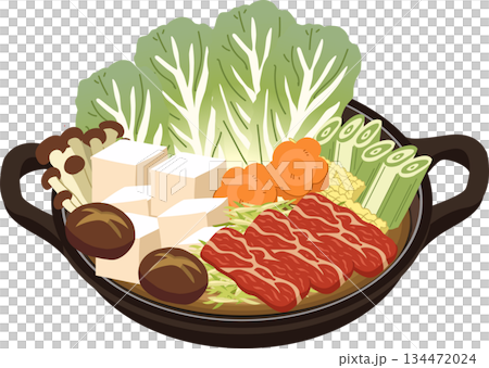 japanese hot pot nabe with sliced beef tofu napa cabbage and vegetables in a clay pot. 134472024